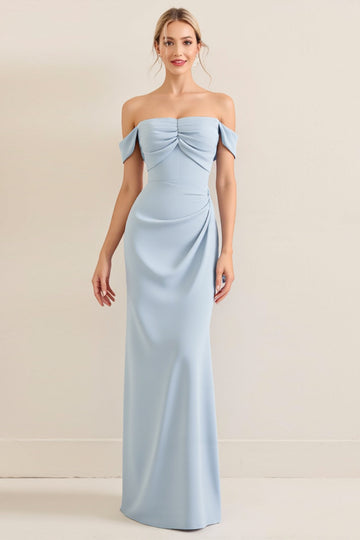 Sky Blue Off The Shoulder Satin Sheath Long Bridesmaid Dress